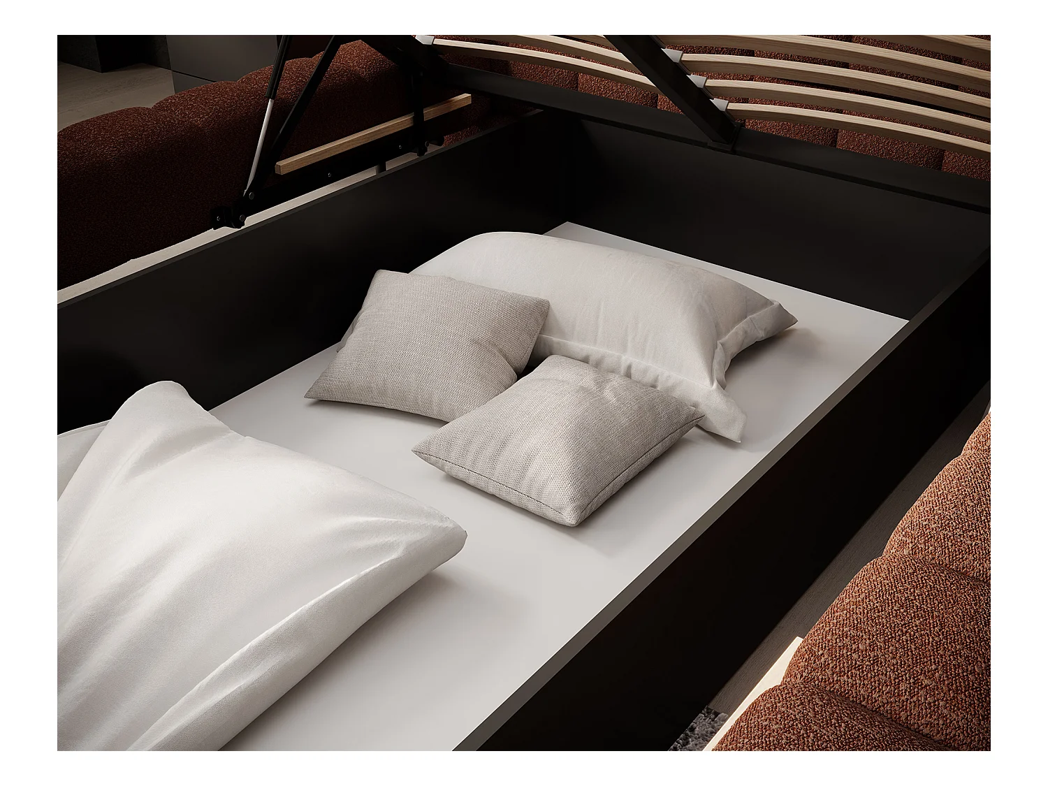 Bed met Kopa prestige opbergbox – Gewatteerde stoffen bekleding-Kleur Tomette rood-Slapen 140x200cm