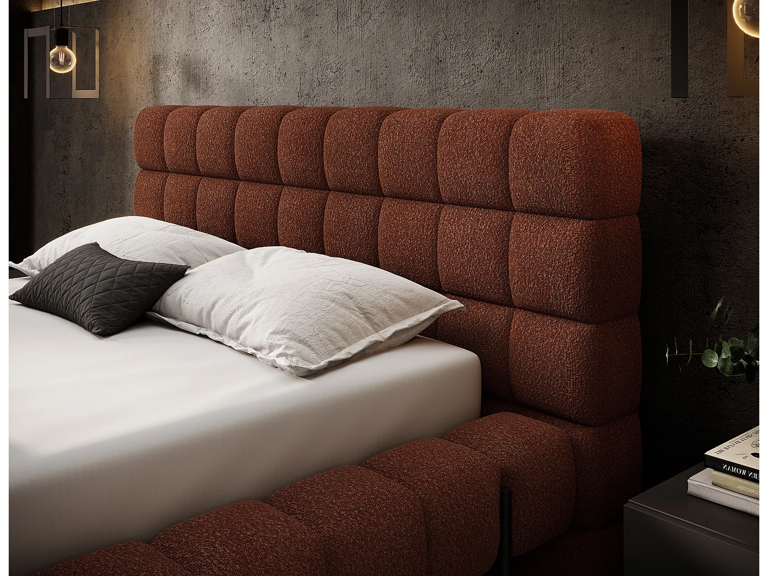 Lit avec coffre de rangement Kopa prestige – Revêtement tissu capitonné-Rouge tomette-140x200