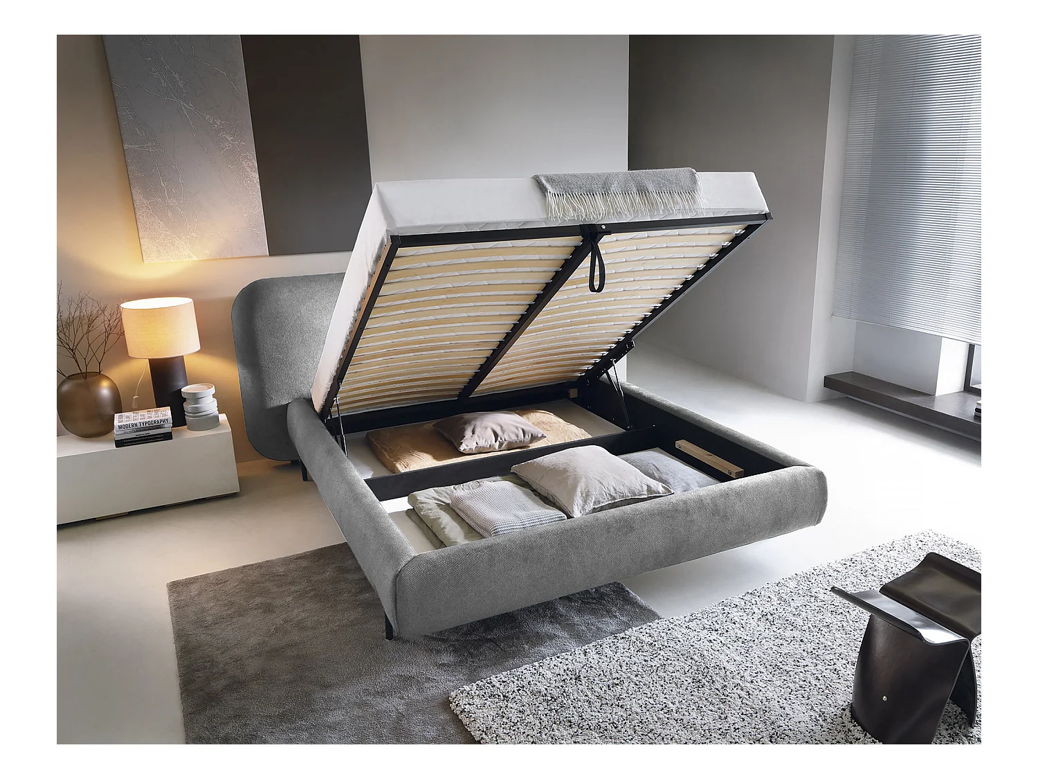 Booby prestige opbergbed – Modern fluweel en geoptimaliseerde opbergruimte-Kleur Donkergrijs-Slapen 140x200cm