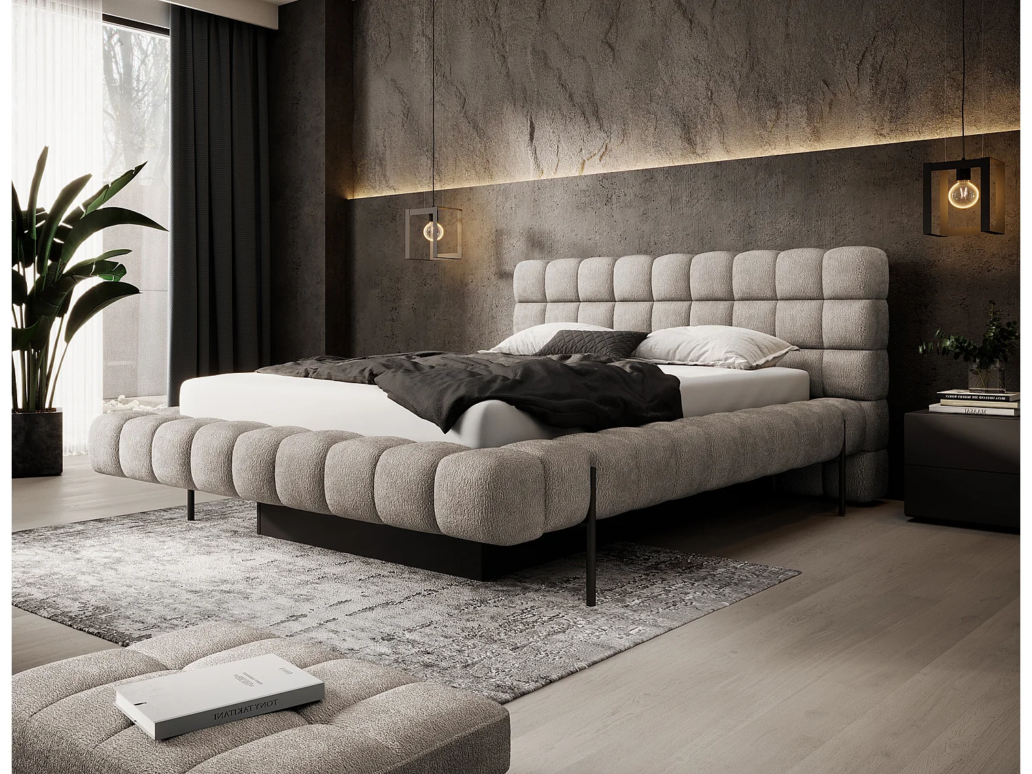 Lit avec coffre de rangement Kopa prestige – Revêtement tissu capitonné-Beige-180x200