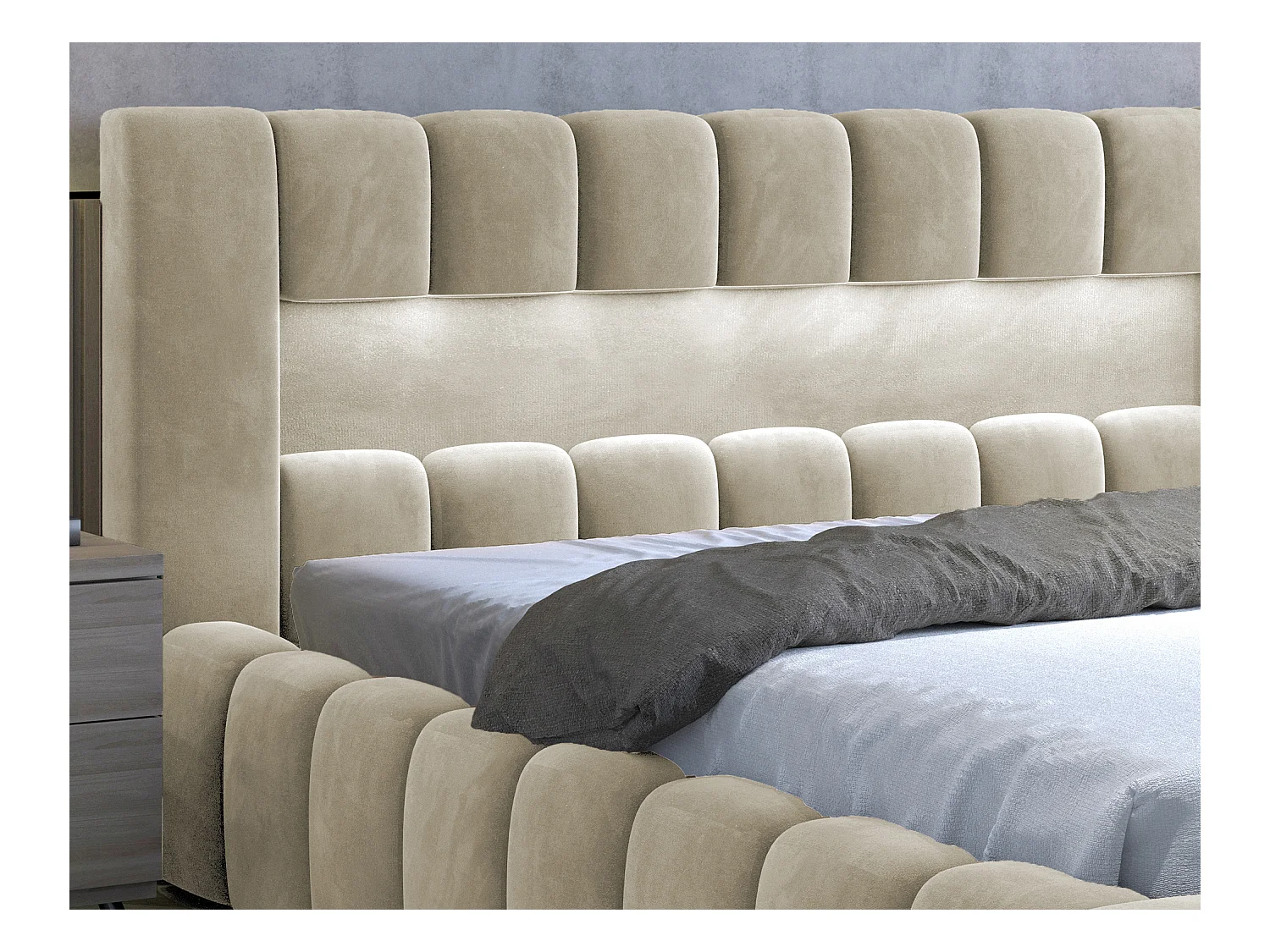 Lit coffre Luto prestige - Design tapissé velours et Led-Beige clair-180x200