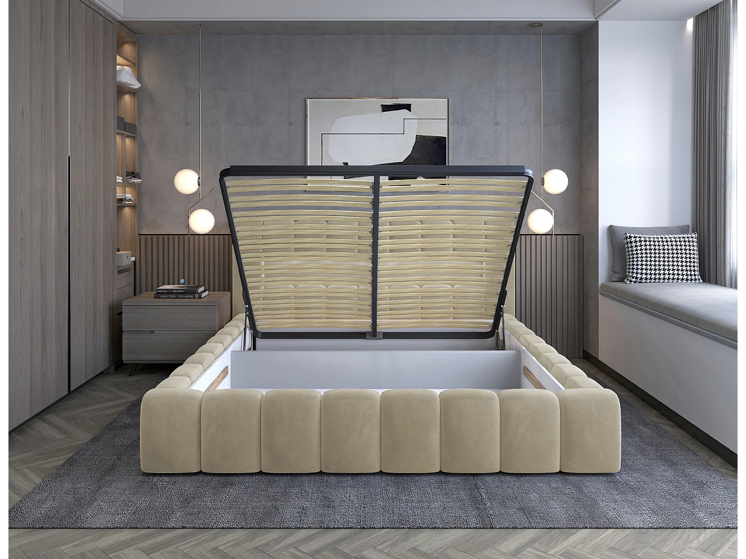 Lit coffre Luto prestige - Design tapissé velours et Led-Beige clair-180x200