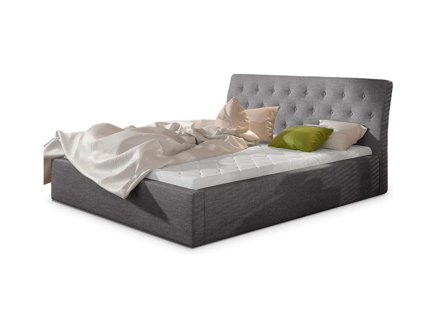 Lit tissu capitonné Venizia-Gris clair-140x200-Version sommier et coffre