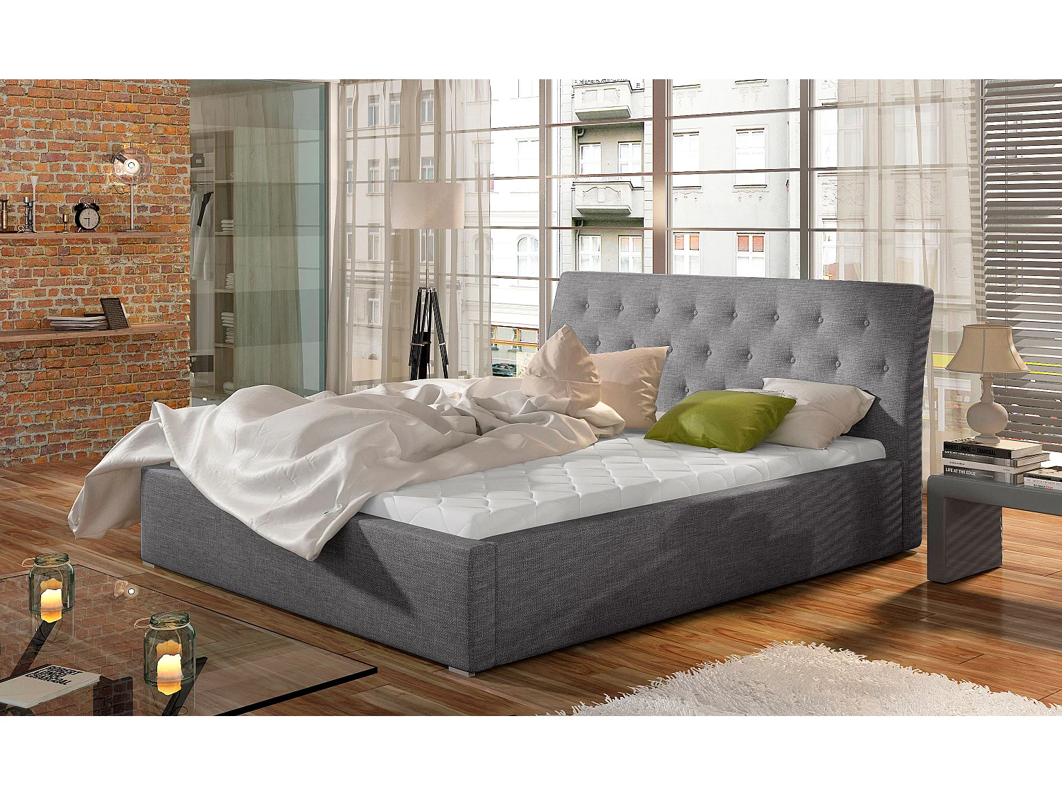 Lit tissu capitonné Venizia-Gris clair-140x200-Version sommier et coffre