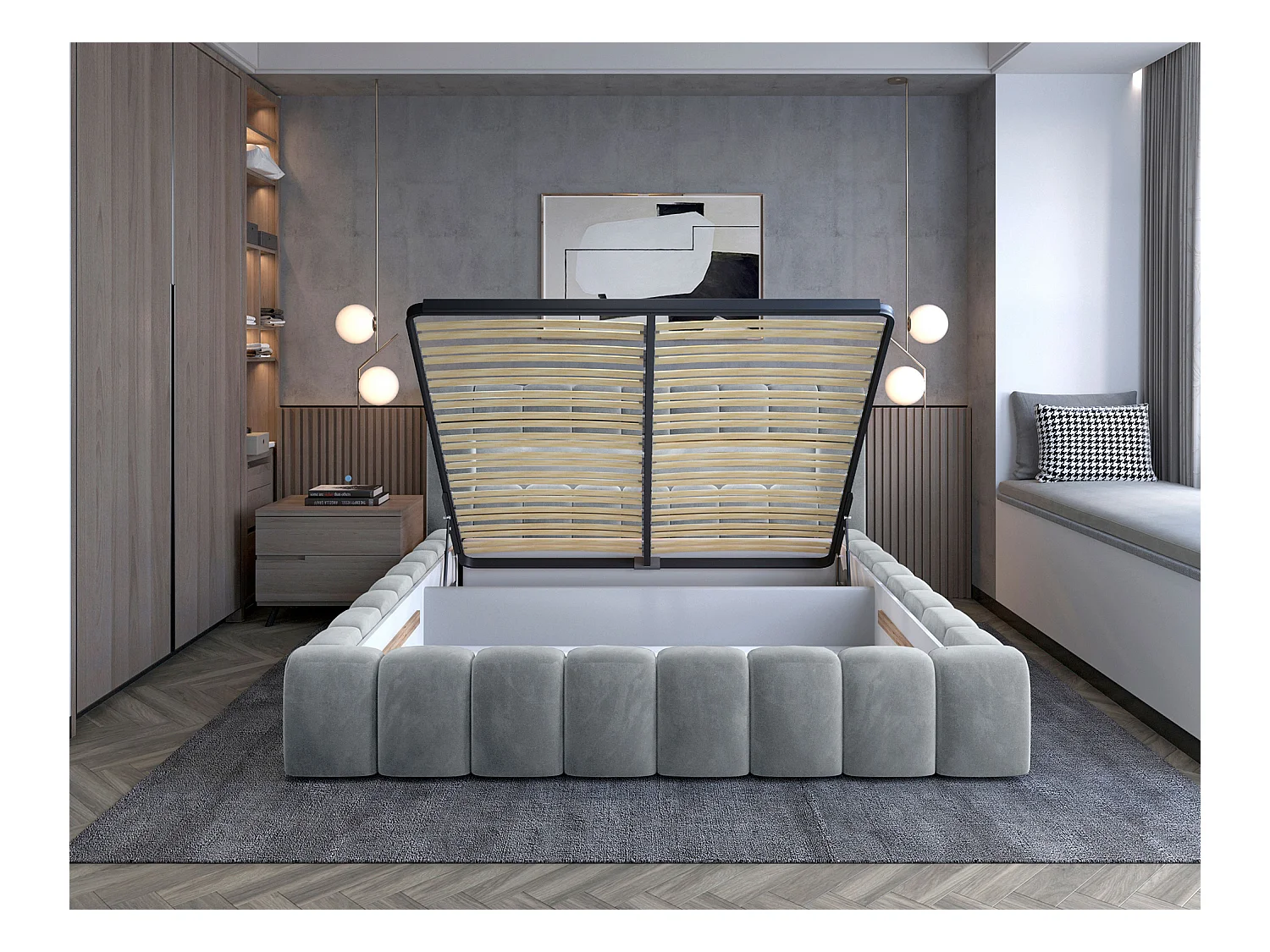 Lit coffre Luto prestige - Design tapissé velours et Led-Gris clair-160x200