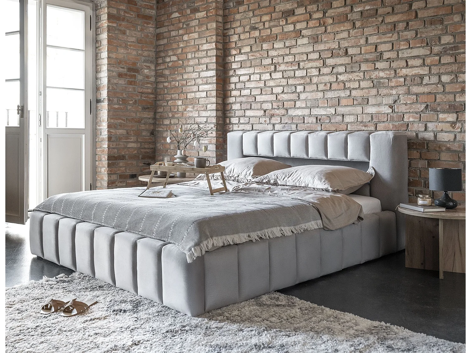 Lit coffre Luto prestige - Design tapissé velours et Led-Gris clair-160x200