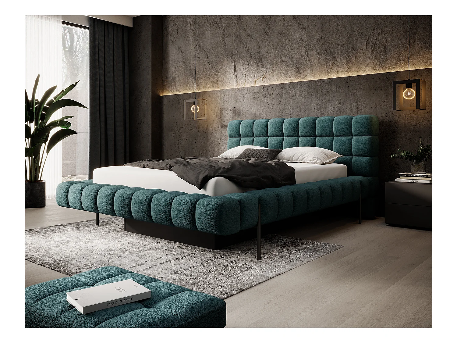 Lit avec coffre de rangement Kopa prestige – Revêtement tissu capitonné-Vert emeraude-160x200