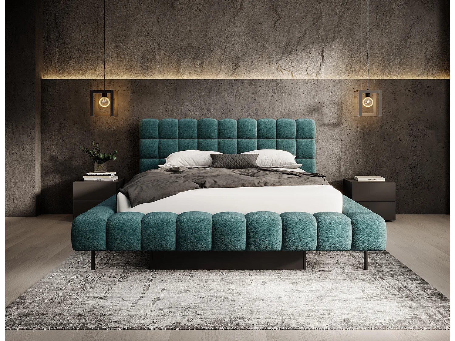 Lit avec coffre de rangement Kopa prestige – Revêtement tissu capitonné-Vert emeraude-160x200