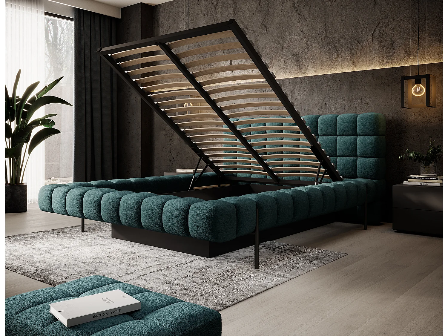 Lit avec coffre de rangement Kopa prestige – Revêtement tissu capitonné-Vert emeraude-160x200