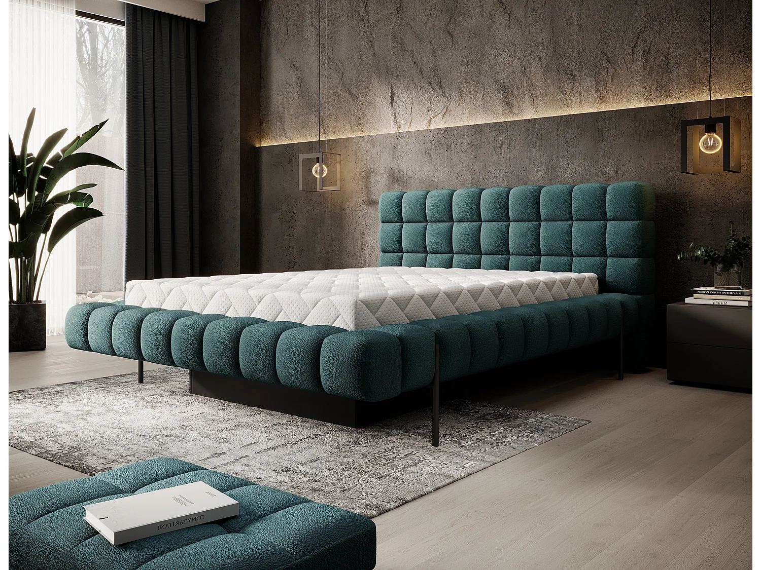 Lit avec coffre de rangement Kopa prestige – Revêtement tissu capitonné-Vert emeraude-160x200