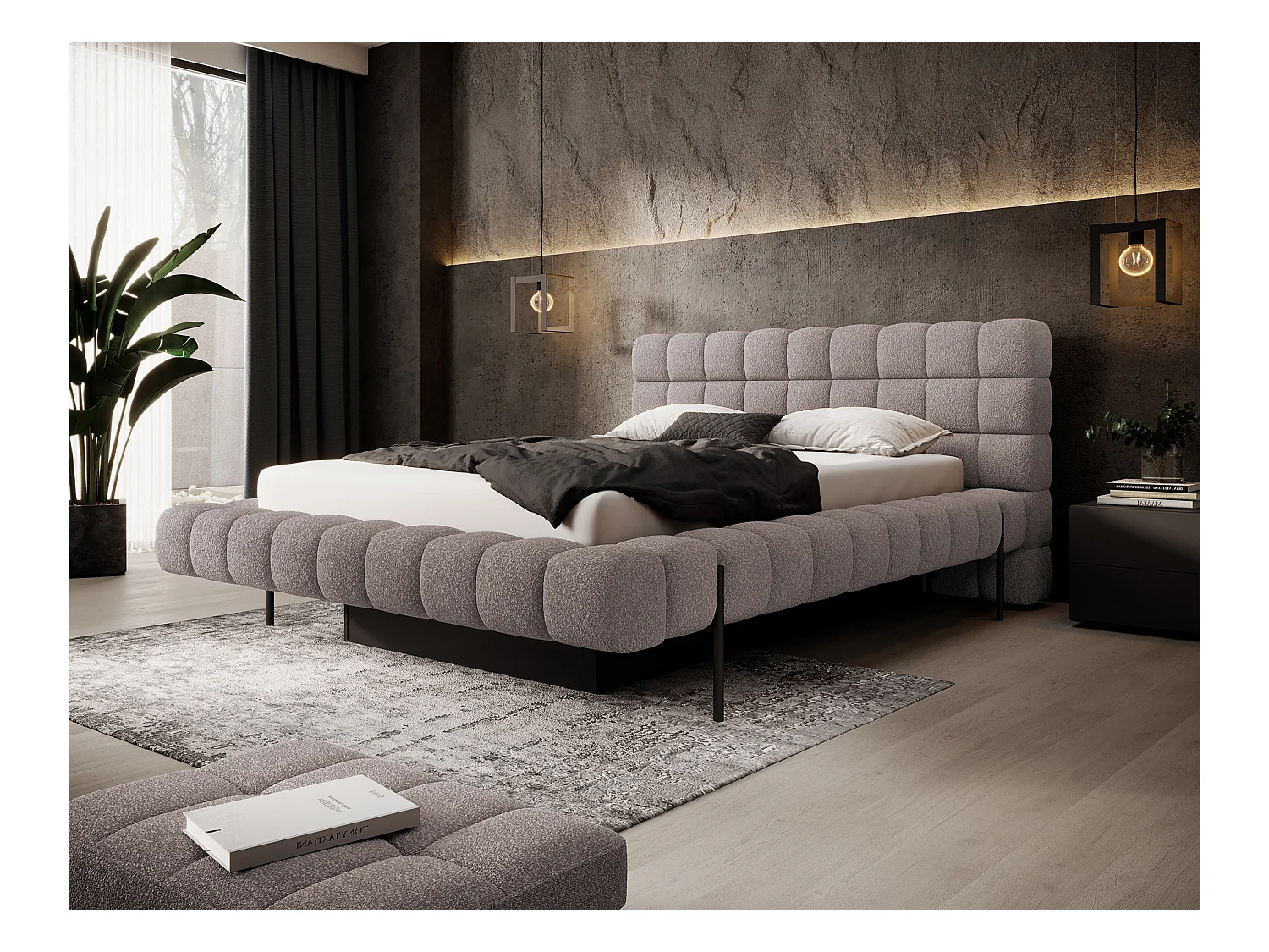 Lit avec coffre de rangement Kopa prestige – Revêtement tissu capitonné-Gris taupe-140x200