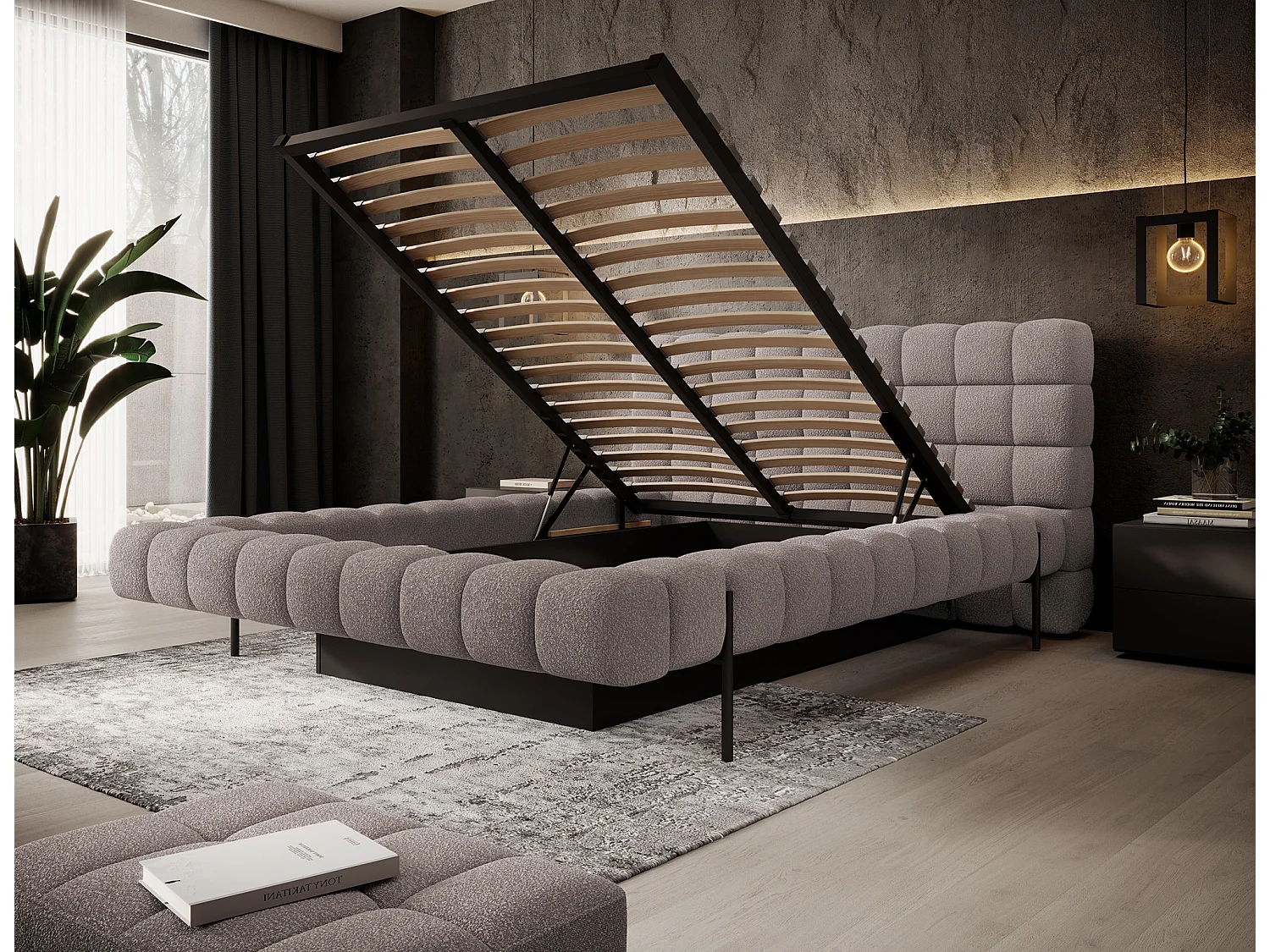 Lit avec coffre de rangement Kopa prestige – Revêtement tissu capitonné-Gris taupe-140x200