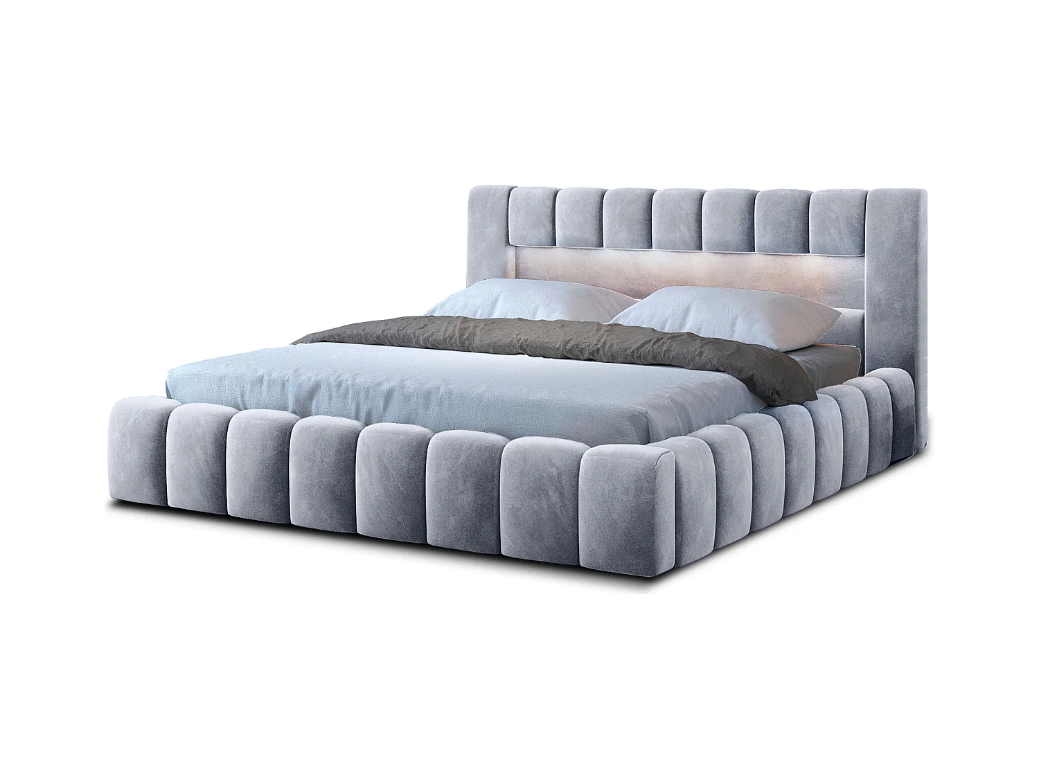 Lit coffre Luto prestige - Design tapissé velours et Led-Gris clair-140x200