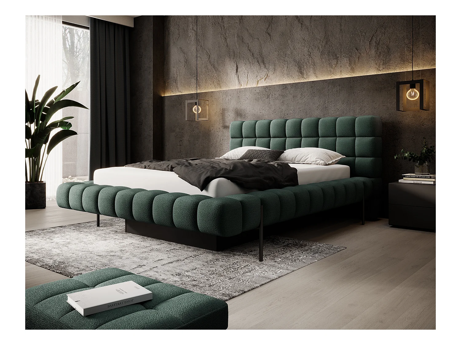 Lit avec coffre de rangement Kopa prestige – Revêtement tissu capitonné-Vert foncé-160x200