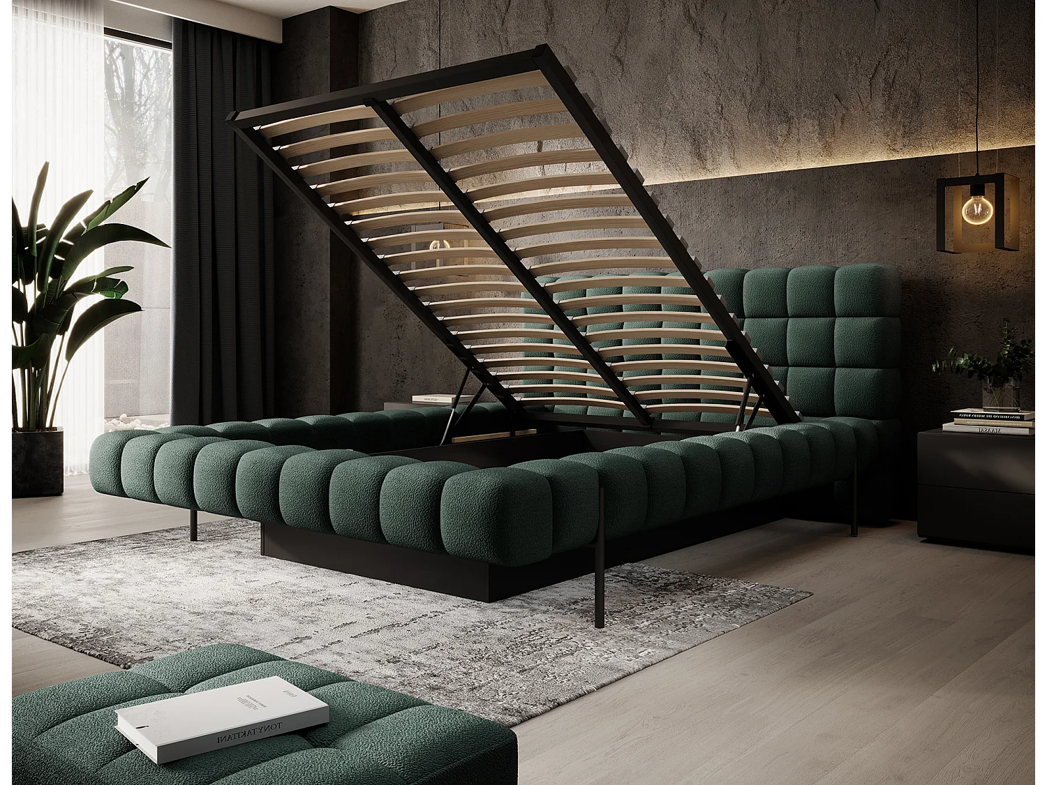 Lit avec coffre de rangement Kopa prestige – Revêtement tissu capitonné-Vert foncé-160x200