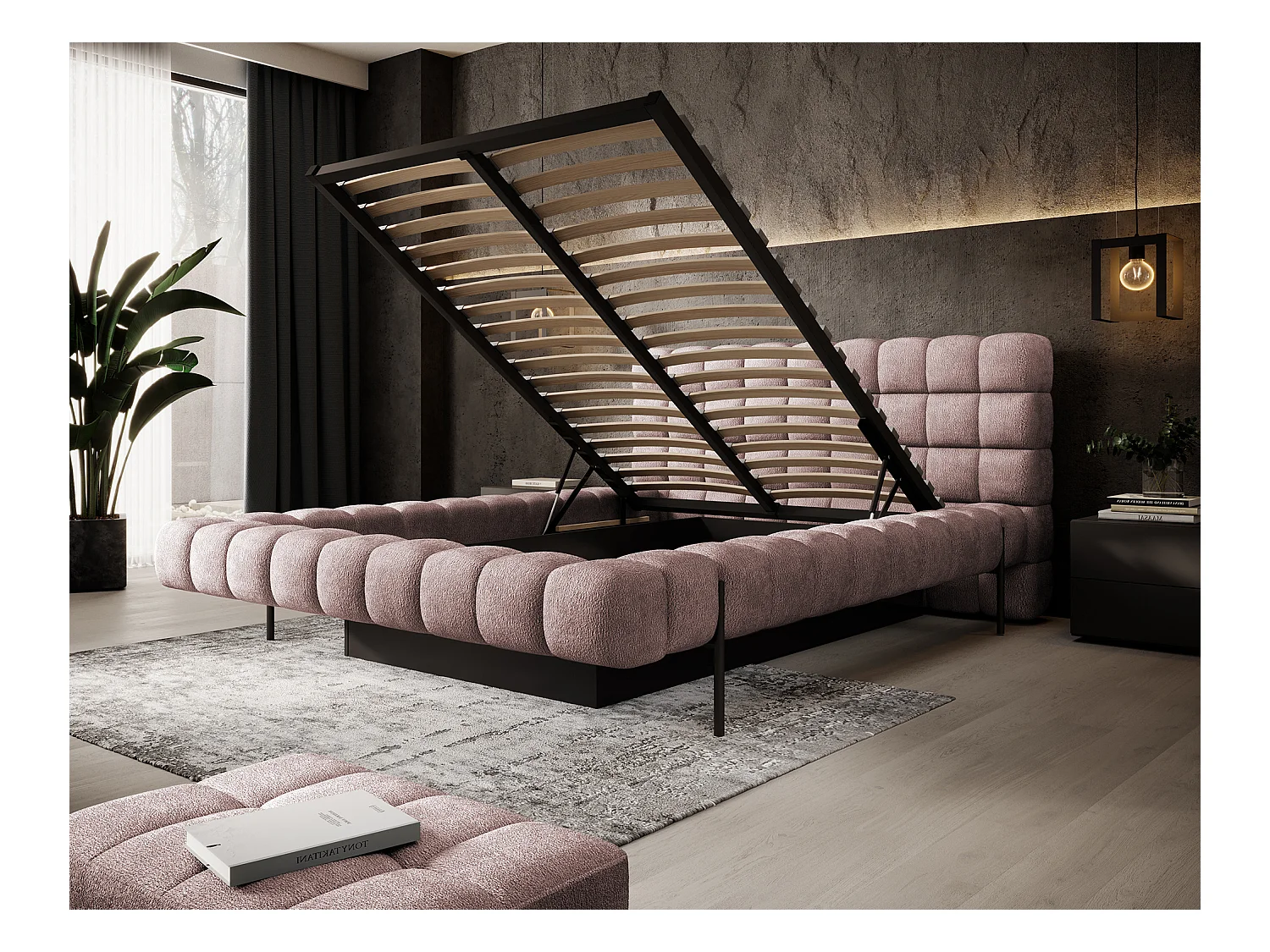 Lit avec coffre de rangement Kopa prestige – Revêtement tissu capitonné-Rose clair-140x200