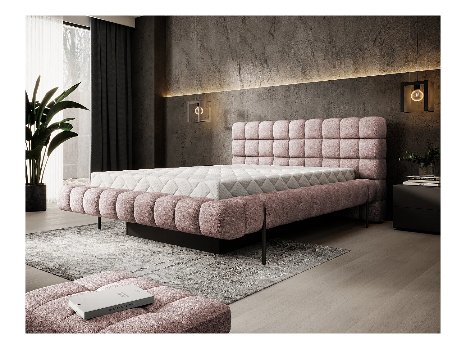 Lit avec coffre de rangement Kopa prestige – Revêtement tissu capitonné-Rose clair-140x200