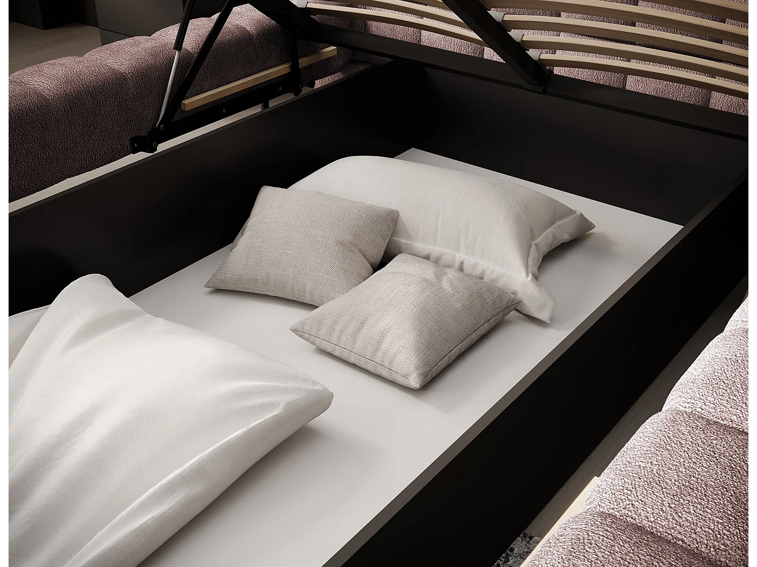 Lit avec coffre de rangement Kopa prestige – Revêtement tissu capitonné-Rose clair-140x200