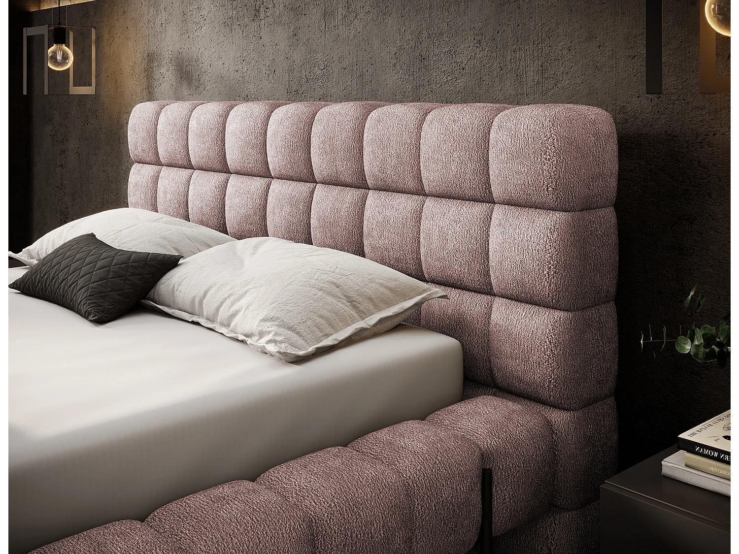 Lit avec coffre de rangement Kopa prestige – Revêtement tissu capitonné-Rose clair-140x200