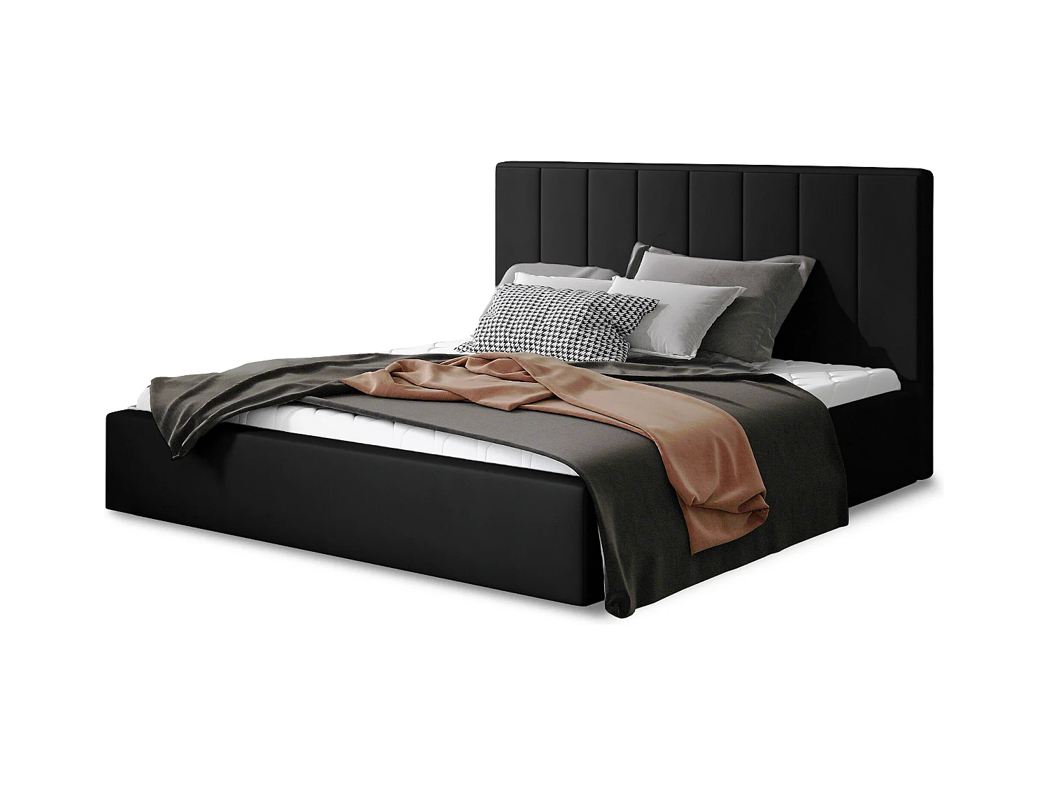 Lit adulte avec coffre de rangement Vareza – Simili cuir matelassé-Noir-140x200
