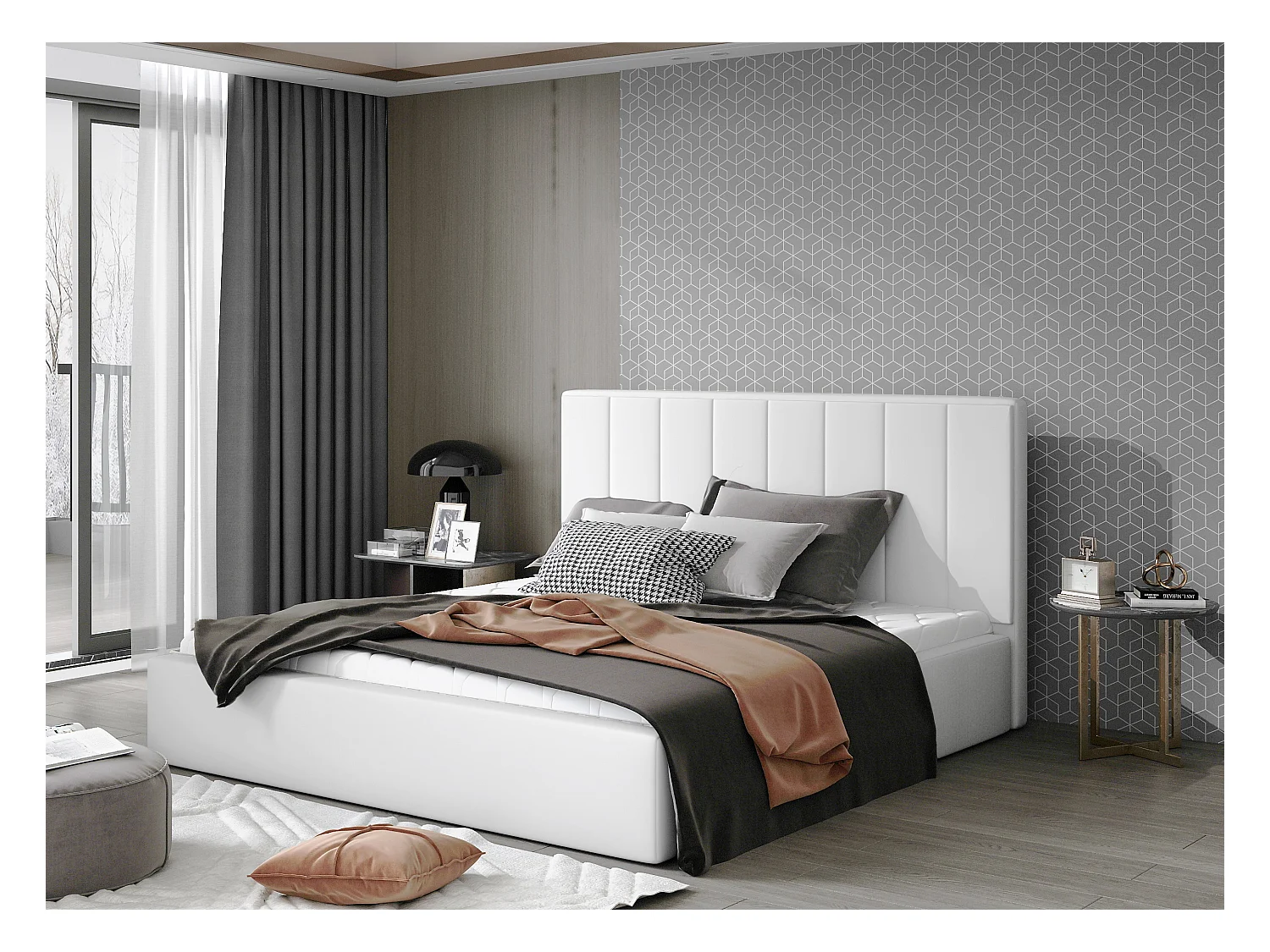 Lit adulte avec coffre de rangement Vareza – Simili cuir matelassé-Noir-140x200