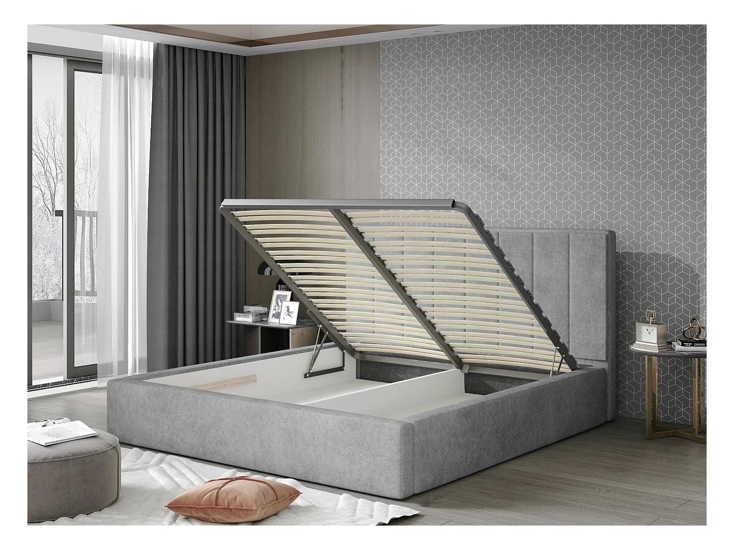 Lit adulte avec coffre de rangement Vareza – Simili cuir matelassé-Noir-140x200