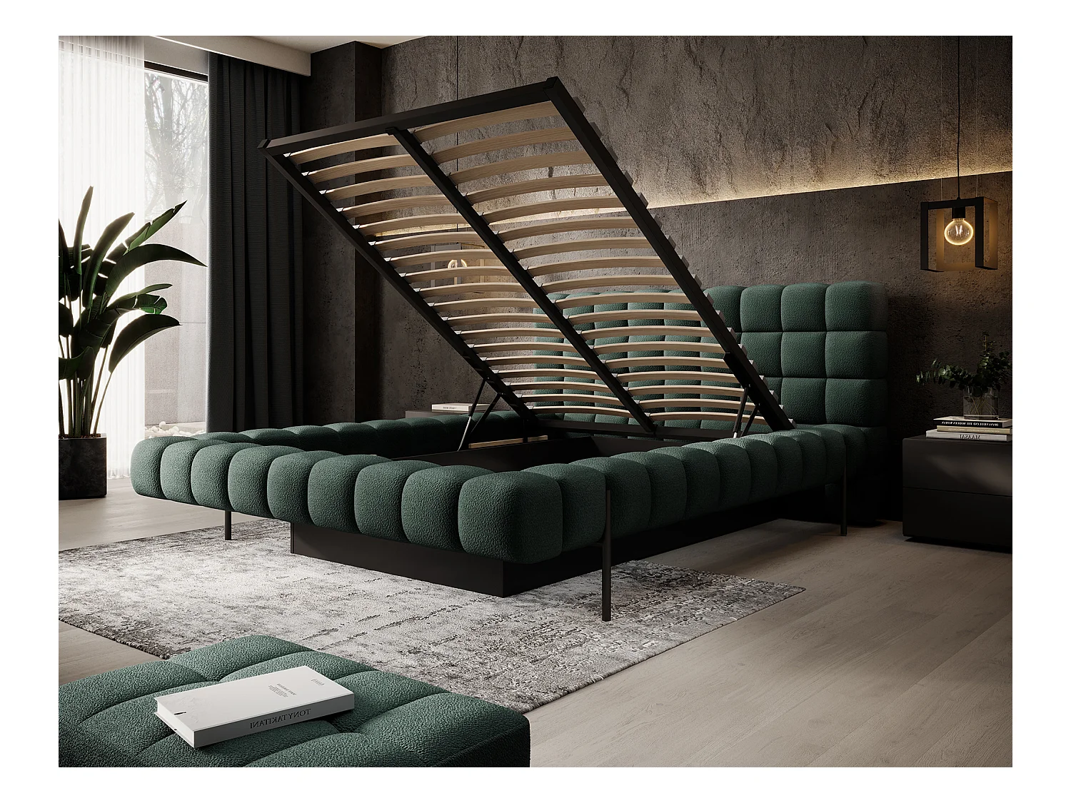 Lit avec coffre de rangement Kopa prestige – Revêtement tissu capitonné-Vert foncé-140x200