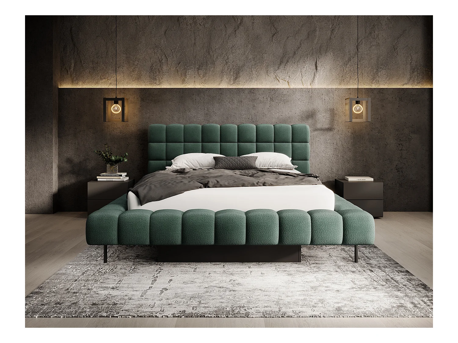 Lit avec coffre de rangement Kopa prestige – Revêtement tissu capitonné-Vert foncé-140x200