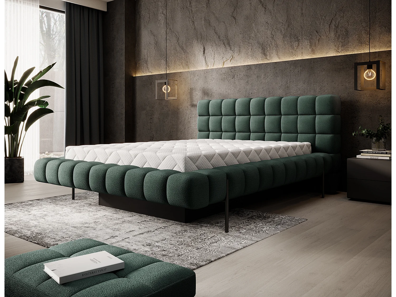 Lit avec coffre de rangement Kopa prestige – Revêtement tissu capitonné-Vert foncé-140x200