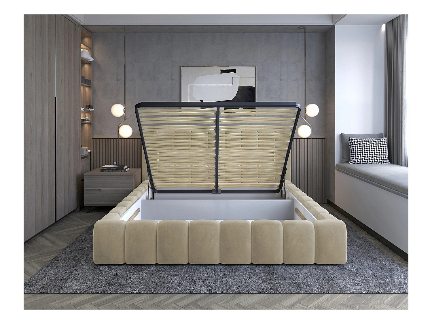 Lit coffre Luto prestige - Design tapissé velours et Led-Beige clair-140x200