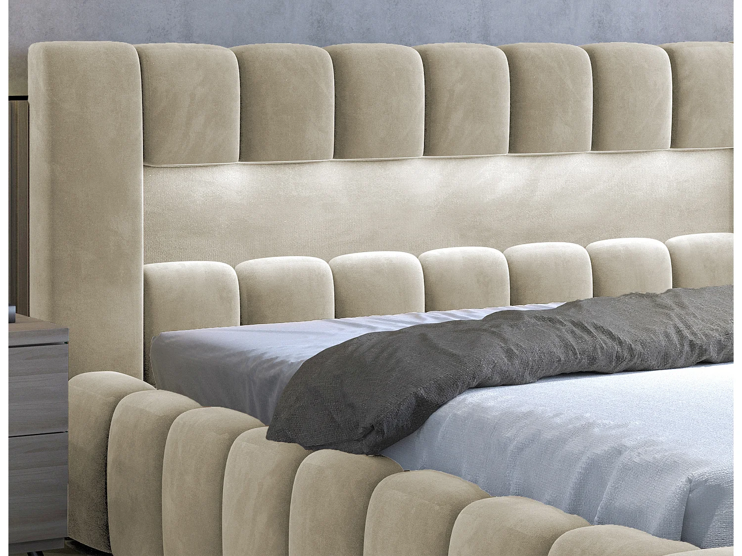 Lit coffre Luto prestige - Design tapissé velours et Led-Beige clair-140x200