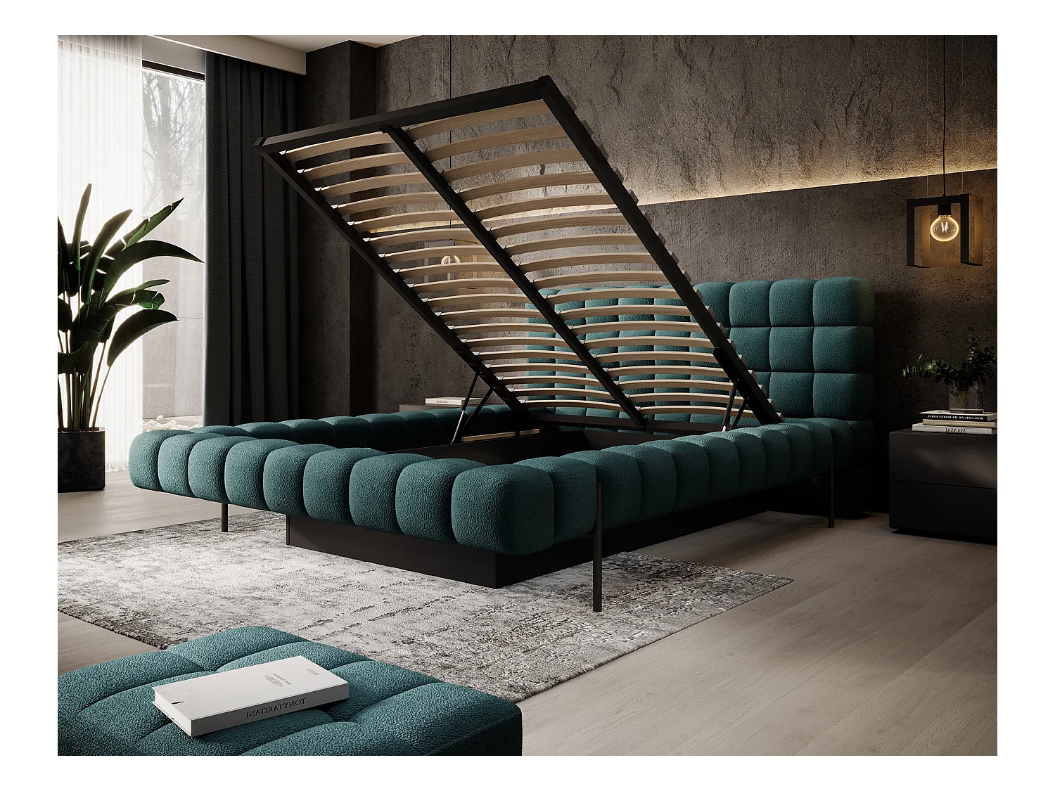 Lit avec coffre de rangement Kopa prestige – Revêtement tissu capitonné-Vert emeraude-140x200