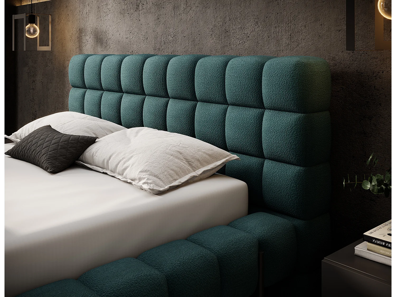 Lit avec coffre de rangement Kopa prestige – Revêtement tissu capitonné-Vert emeraude-140x200