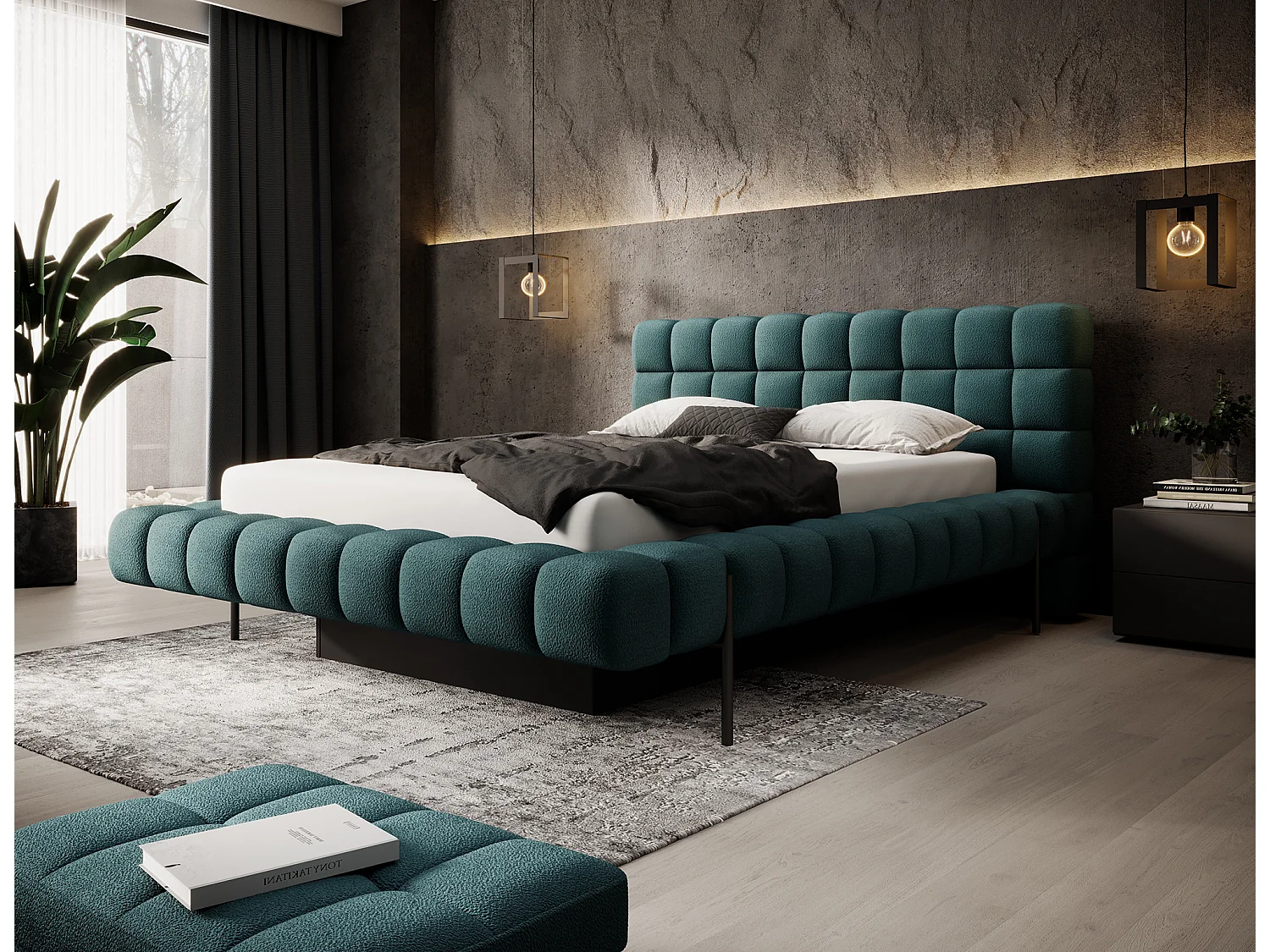 Bed met Kopa prestige opbergbox – Gewatteerde stoffen bekleding-Kleur smaragdgroen-Slapen 140x200cm