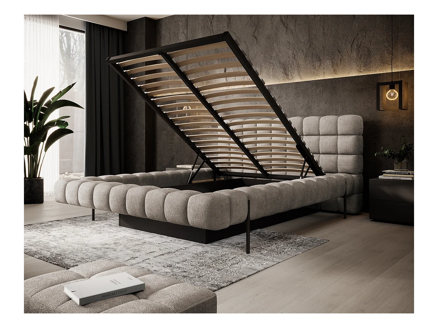 Lit avec coffre de rangement Kopa prestige – Revêtement tissu capitonné-Beige-140x200