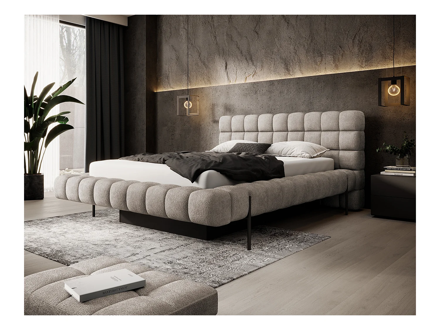 Lit avec coffre de rangement Kopa prestige – Revêtement tissu capitonné-Beige-140x200