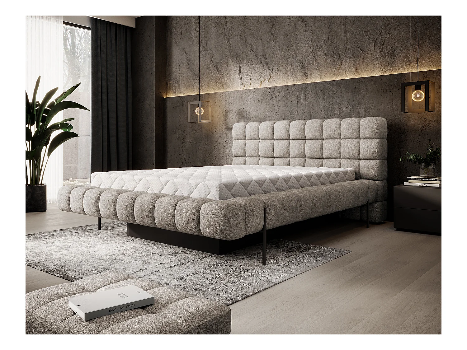 Lit avec coffre de rangement Kopa prestige – Revêtement tissu capitonné-Beige-140x200