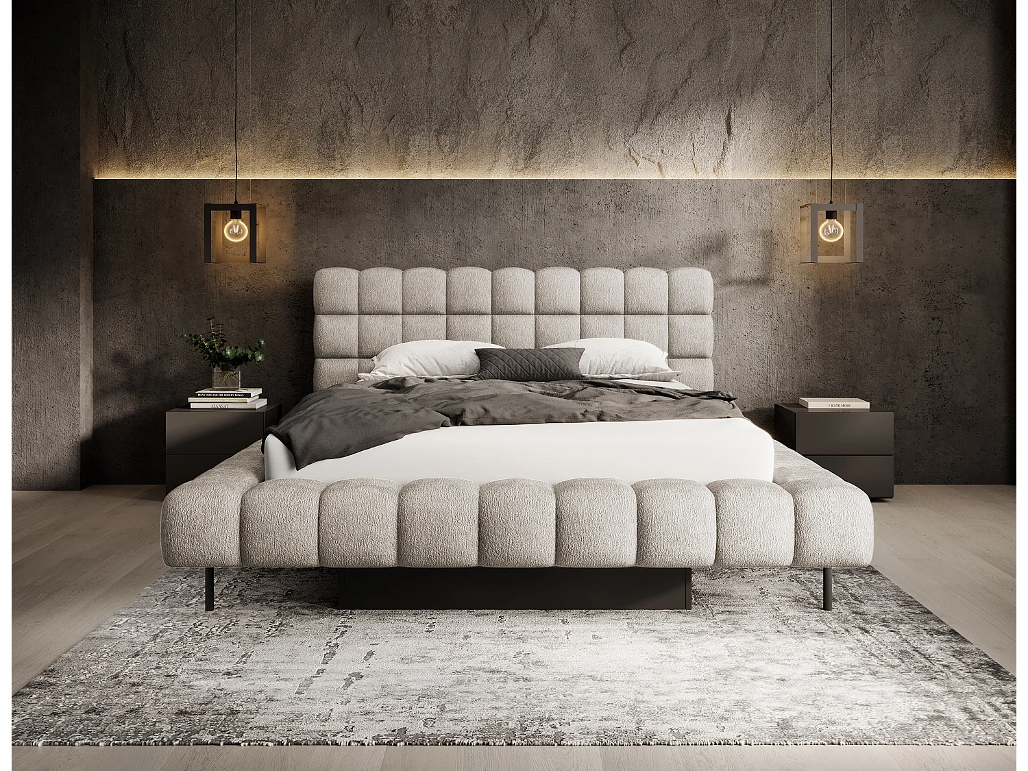 Lit avec coffre de rangement Kopa prestige – Revêtement tissu capitonné-Beige-140x200