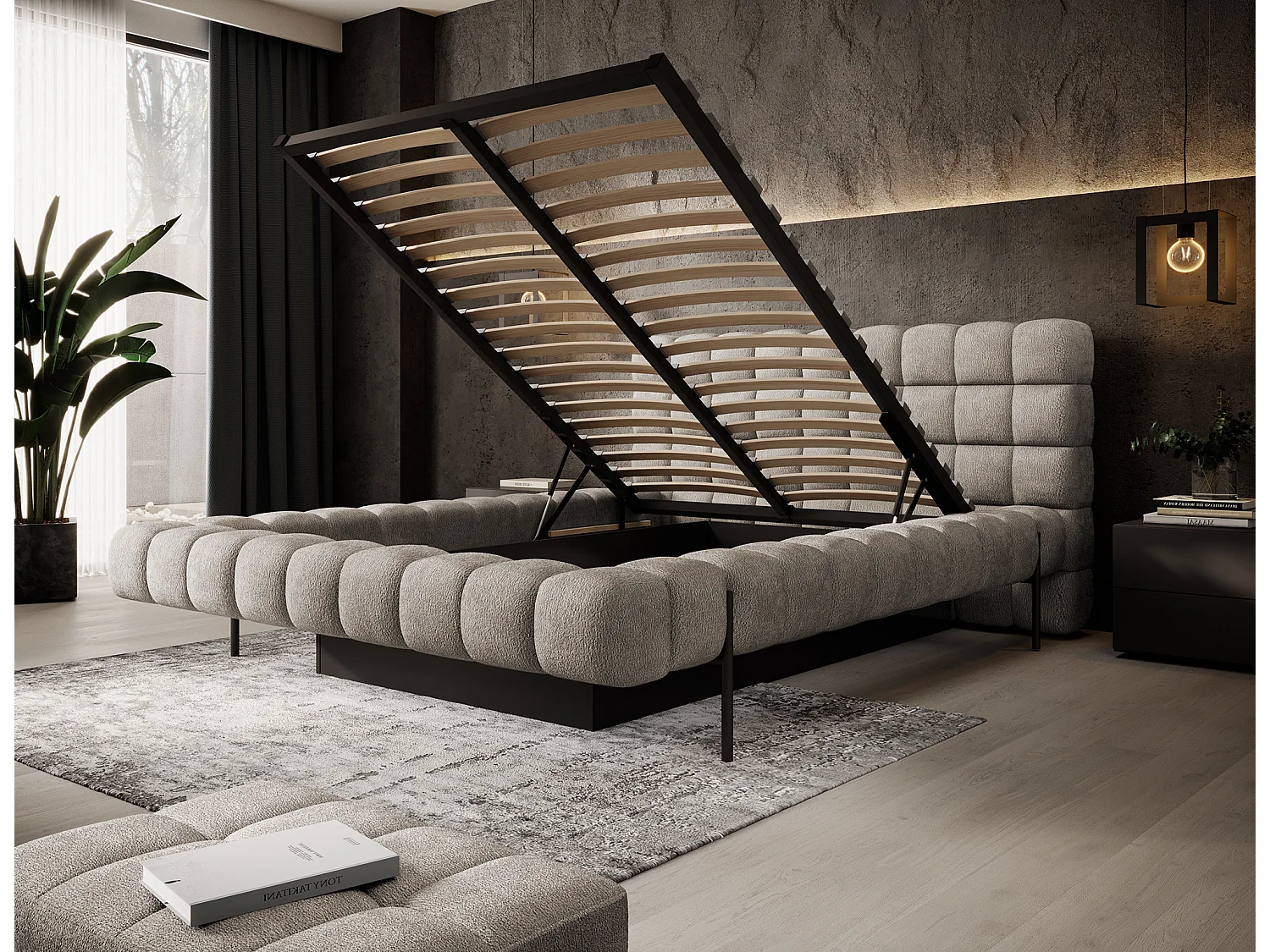 Lit avec coffre de rangement Kopa prestige – Revêtement tissu capitonné-Beige-140x200