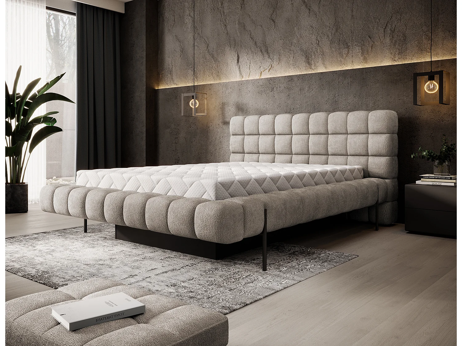 Lit avec coffre de rangement Kopa prestige – Revêtement tissu capitonné-Beige-140x200