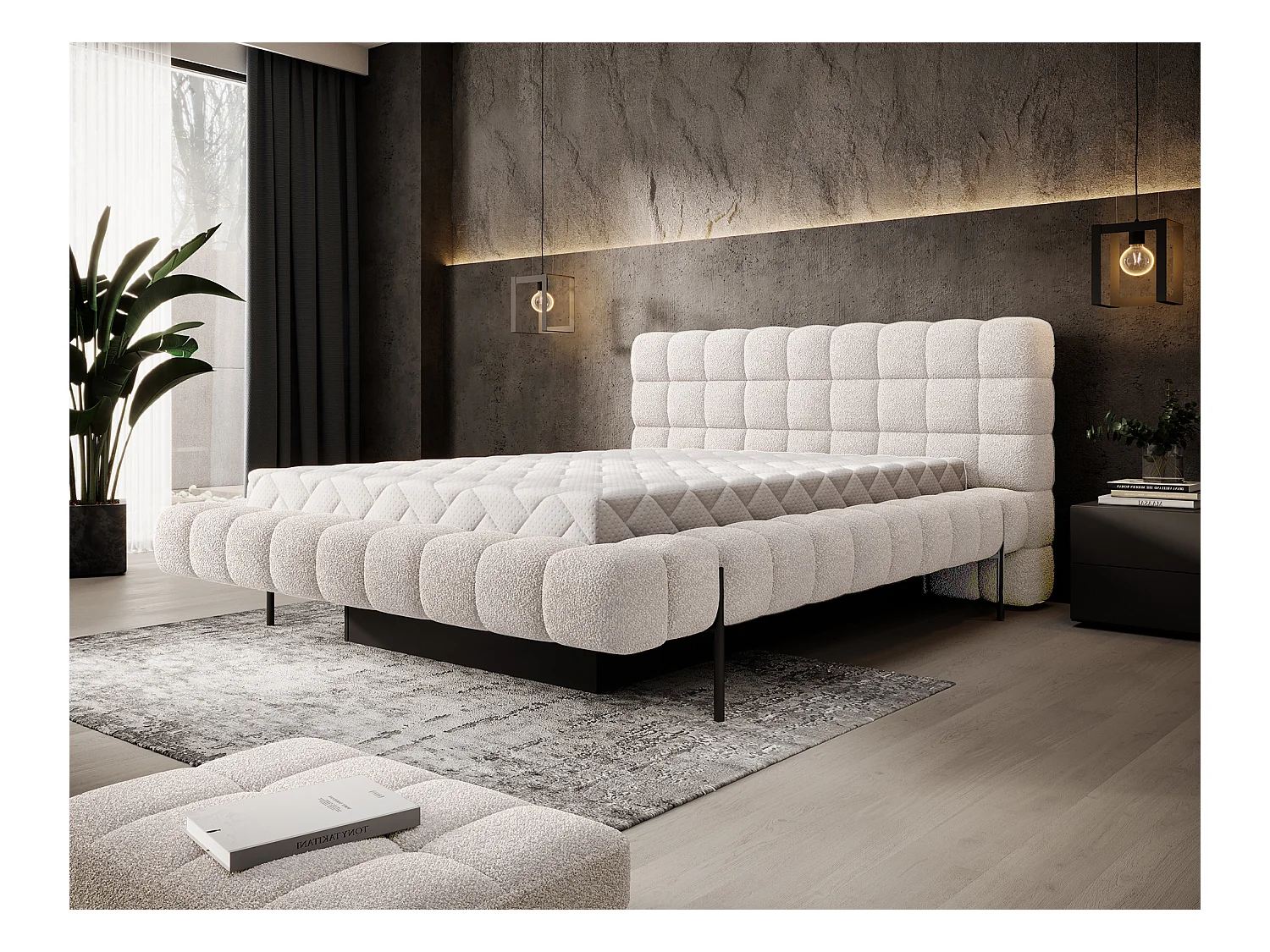 Lit avec coffre de rangement Kopa prestige – Revêtement tissu capitonné-Beige clair-140x200