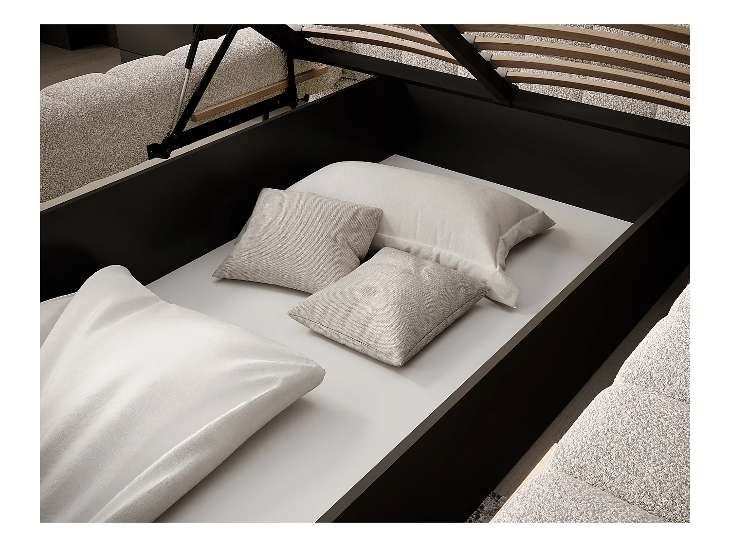 Lit avec coffre de rangement Kopa prestige – Revêtement tissu capitonné-Beige clair-140x200