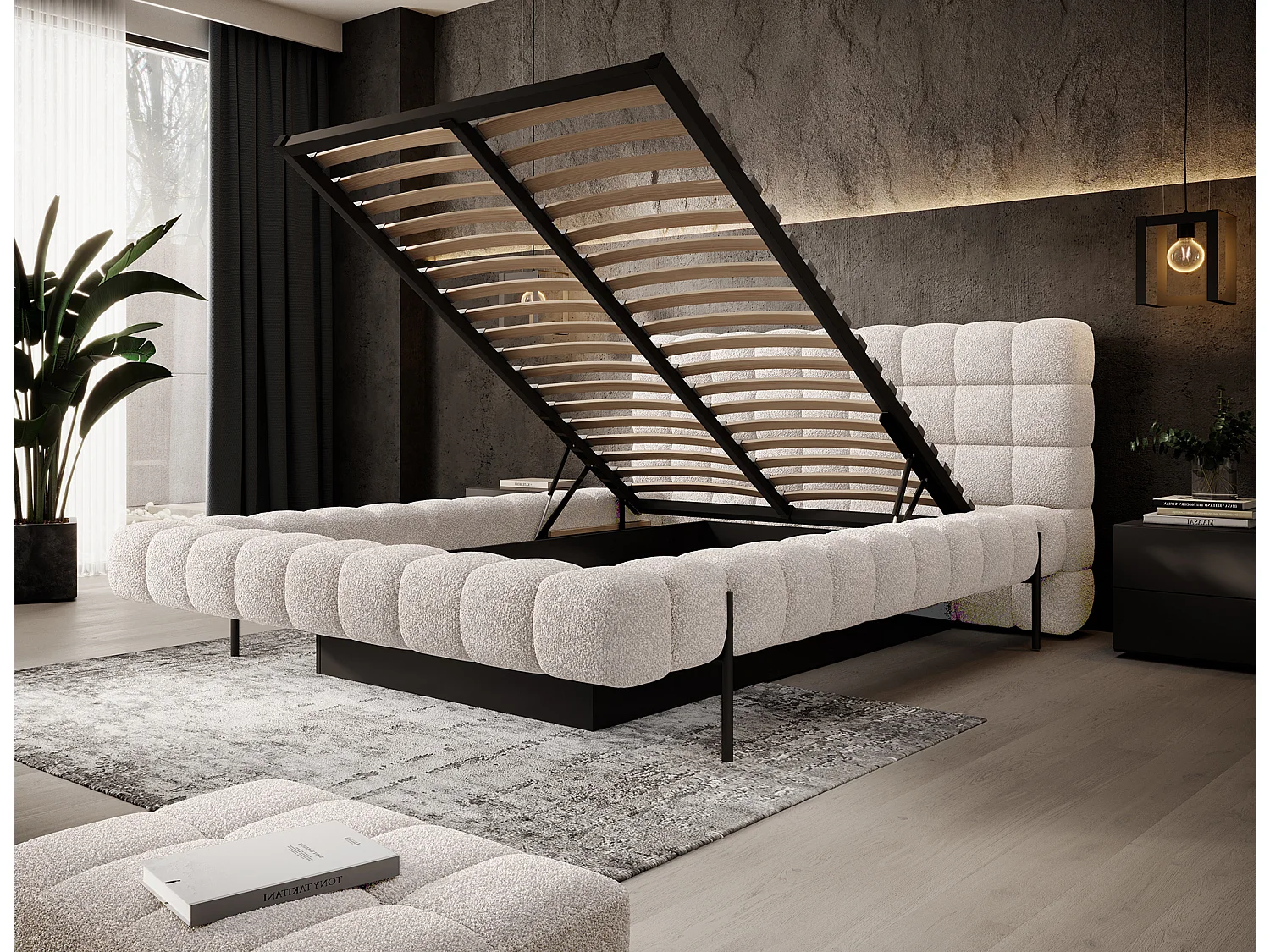 Lit avec coffre de rangement Kopa prestige – Revêtement tissu capitonné-Beige clair-140x200