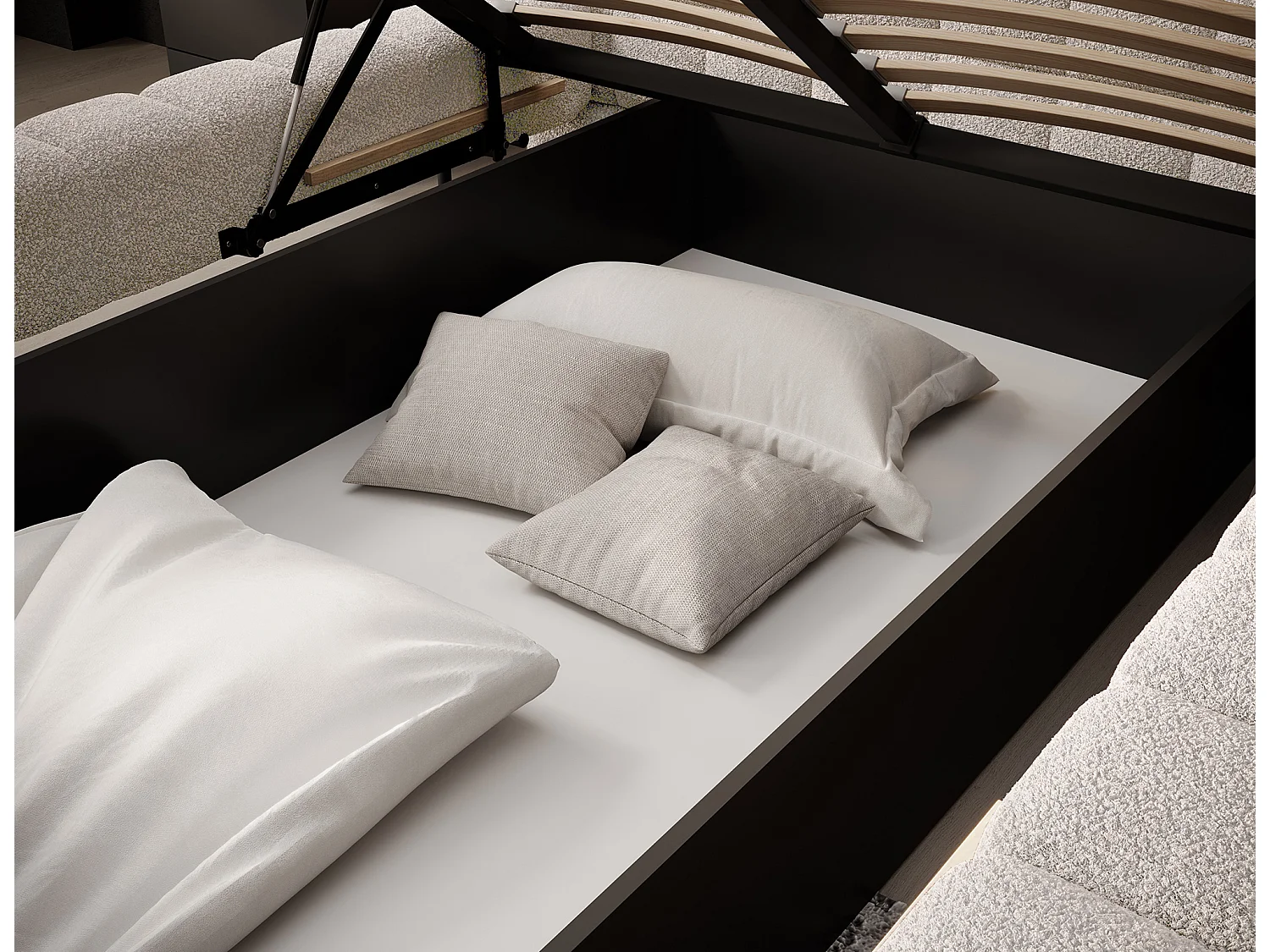 Lit avec coffre de rangement Kopa prestige – Revêtement tissu capitonné-Beige clair-140x200