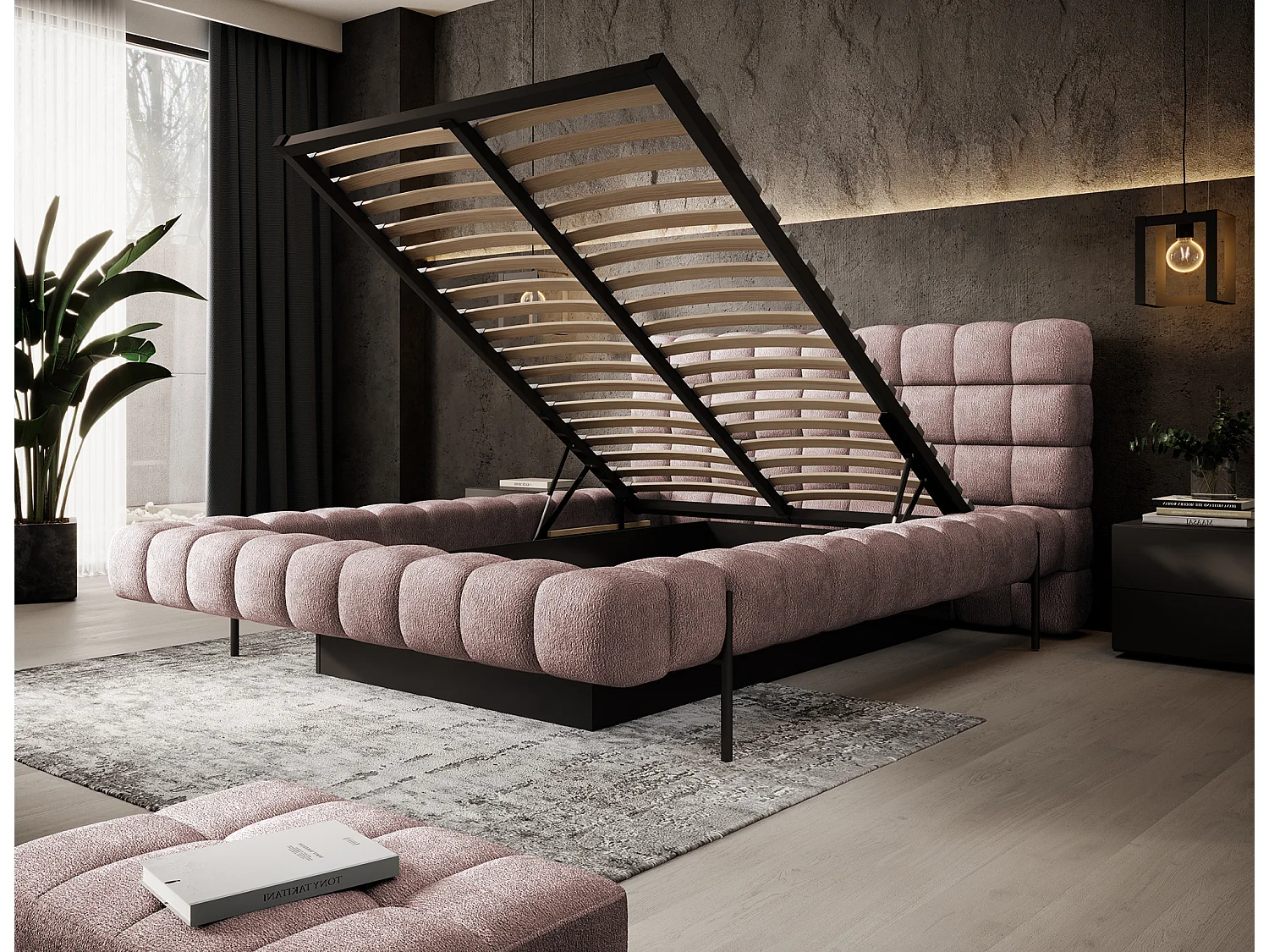 Lit avec coffre de rangement Kopa prestige – Revêtement tissu capitonné-Rose clair-160x200