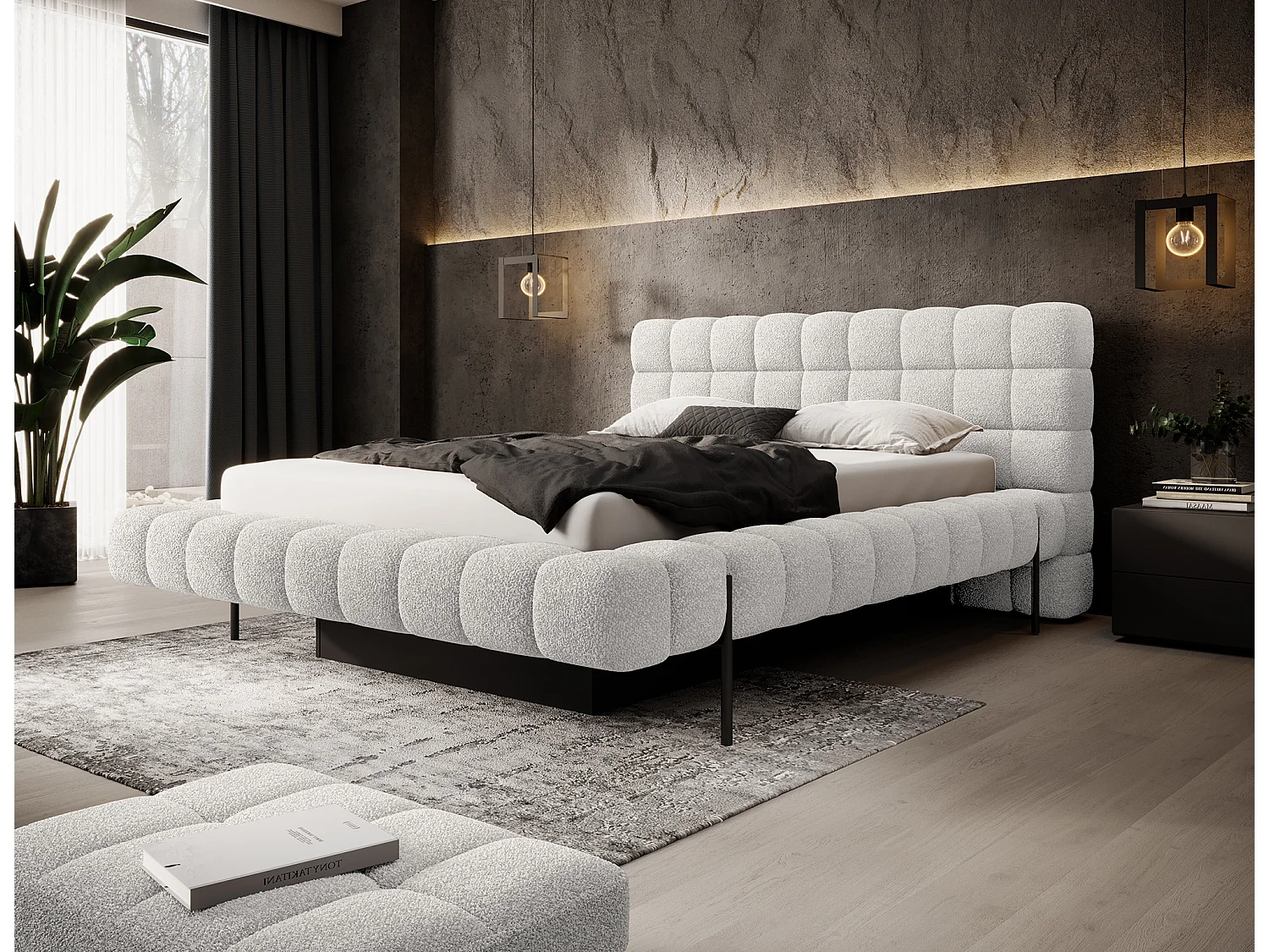 Lit avec coffre de rangement Kopa prestige – Revêtement tissu capitonné-Blanc-180x200