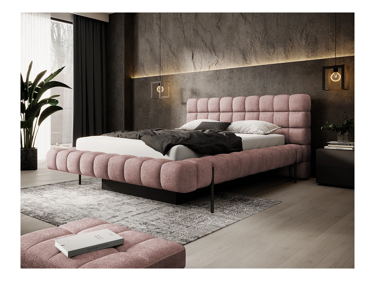 Lit avec coffre de rangement Kopa prestige – Revêtement tissu capitonné-Rose clair-180x200