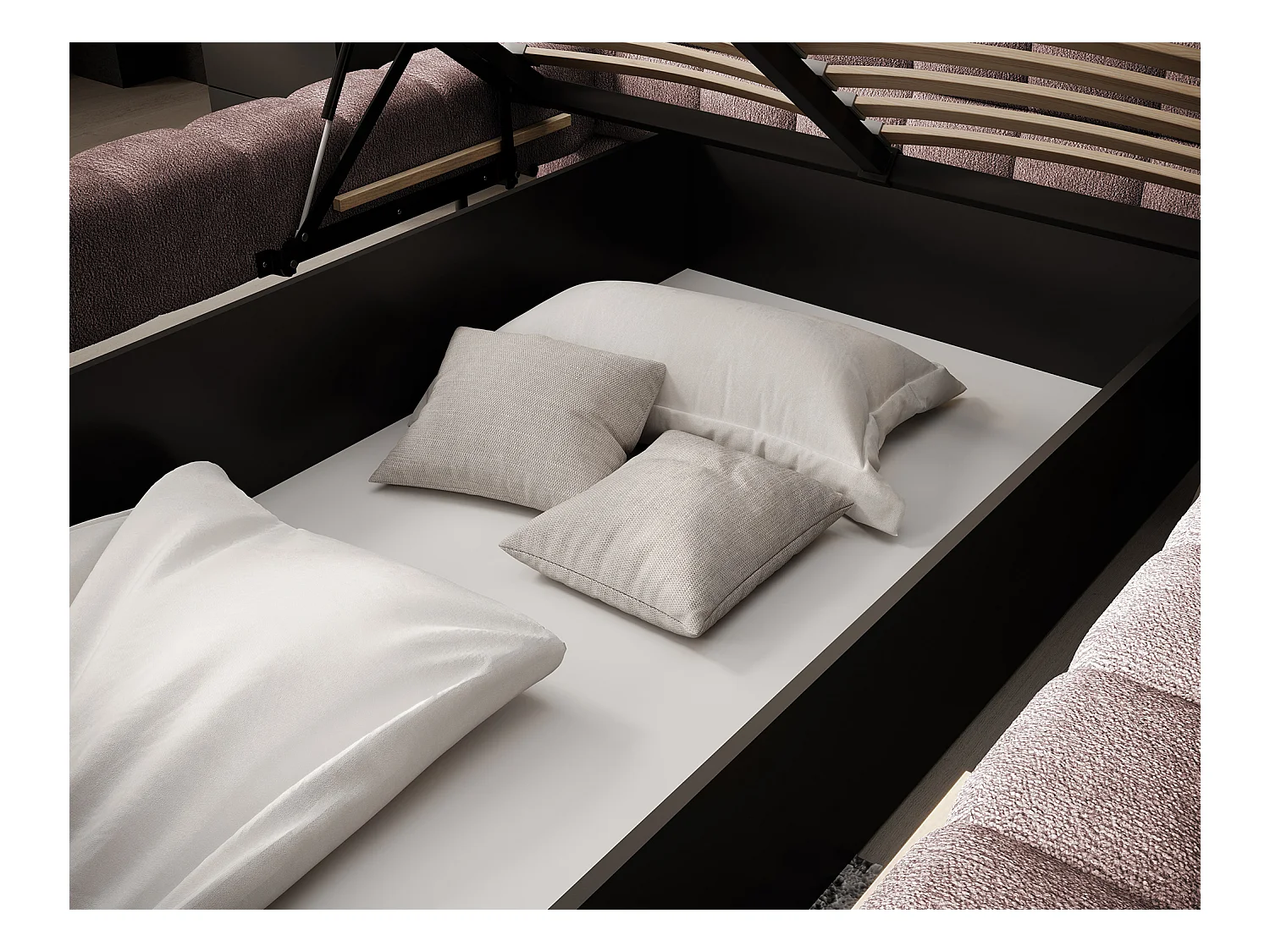 Lit avec coffre de rangement Kopa prestige – Revêtement tissu capitonné-Rose clair-180x200