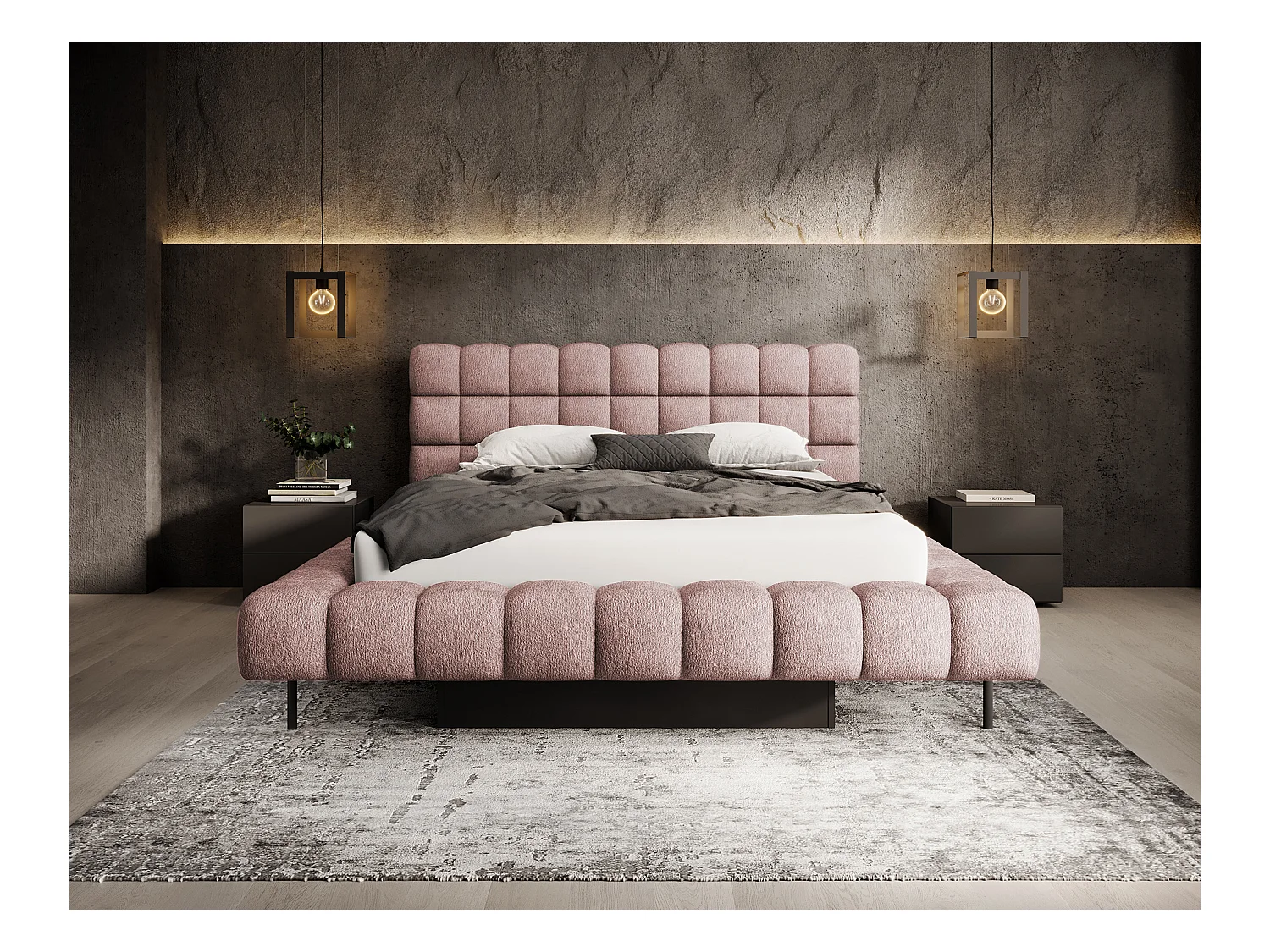 Lit avec coffre de rangement Kopa prestige – Revêtement tissu capitonné-Rose clair-180x200