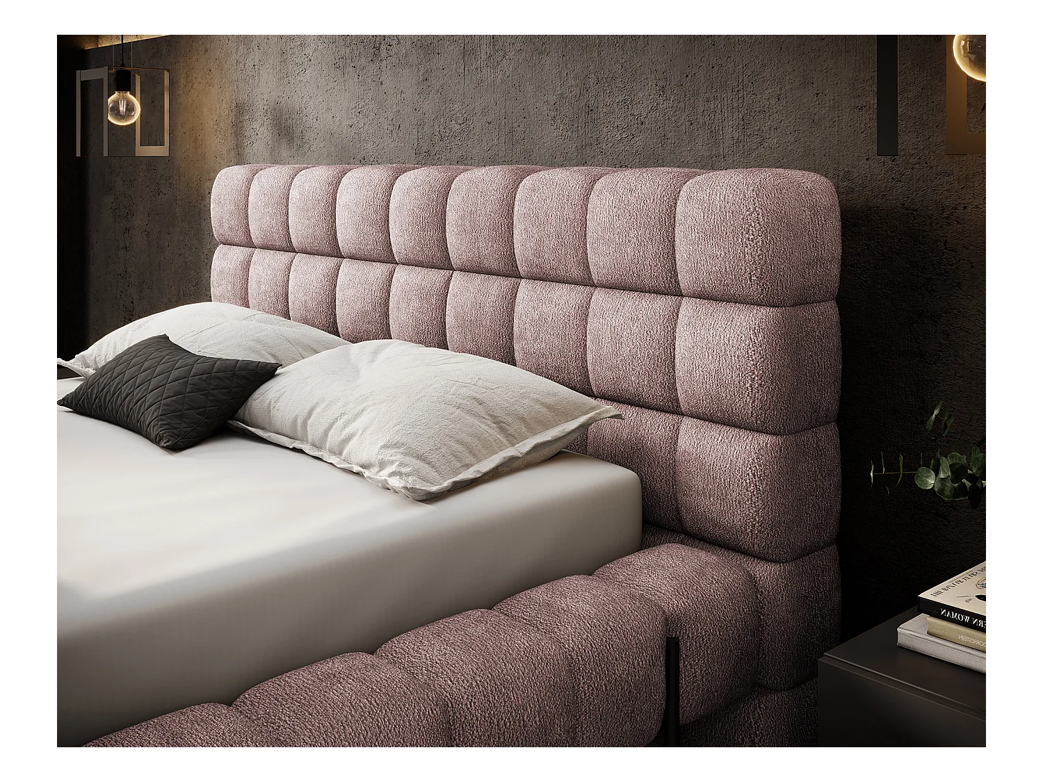 Lit avec coffre de rangement Kopa prestige – Revêtement tissu capitonné-Rose clair-180x200